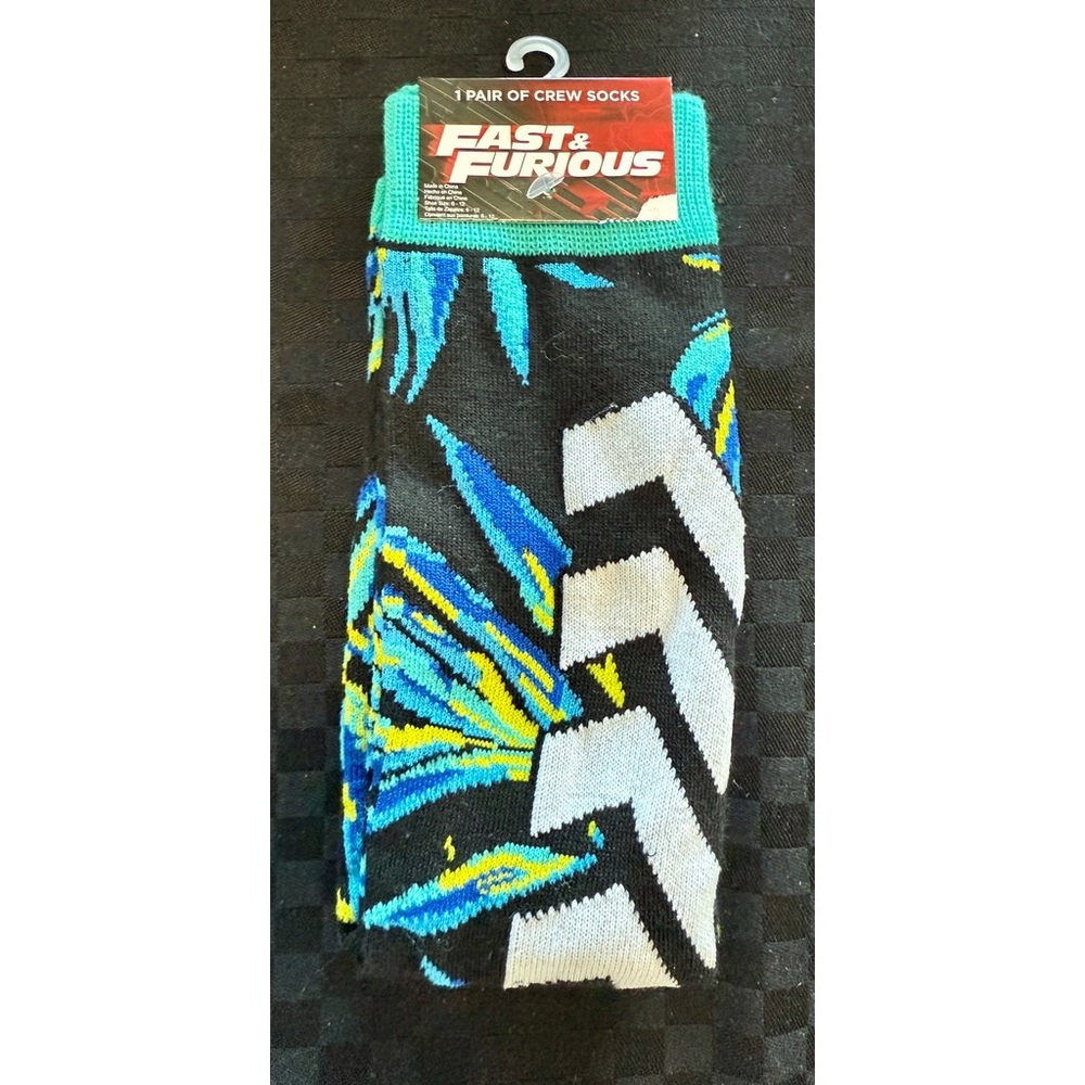 Universal Fast & Furious Graphic Crew Socks Black, Blue, Yellow shoe size 6-12
